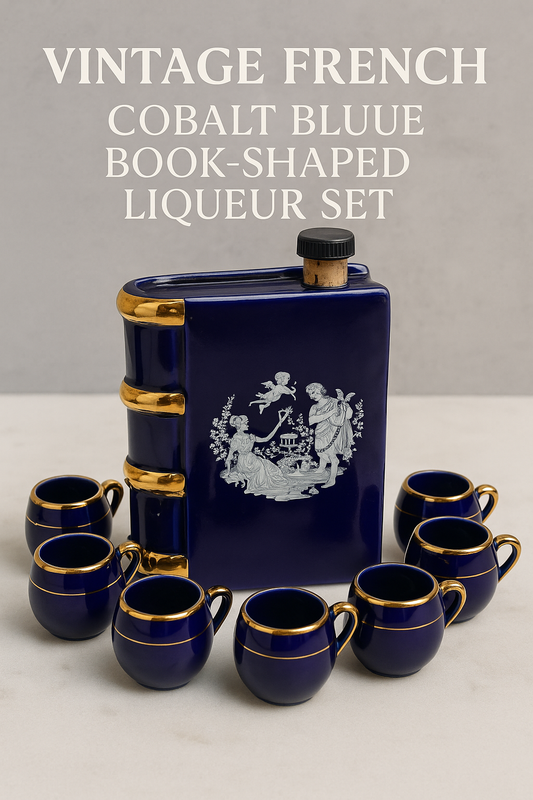 Vintage French Cobalt Blue Book-Shaped Liqueur Set – 7 Gilded Cups & Porcelain Bottle
