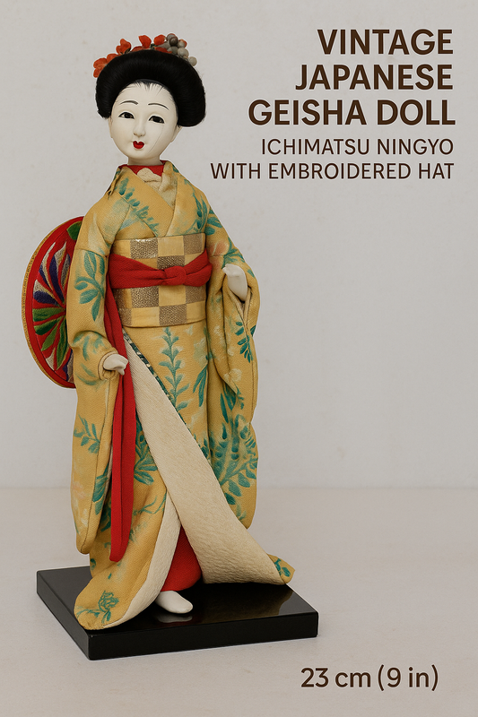 Vintage Japanese Geisha Doll – Ichimatsu Ningyo with Embroidered Hat