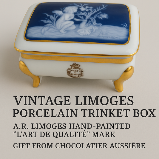 Vintage Limoges Porcelain Trinket Box – A.R. Limoges Hand-Painted, Cobalt Blue Cameo Angel, 'L'Art de Qualité' Mark, Gift from Chocolatier Aussière