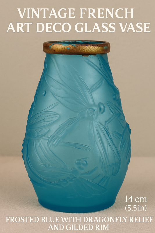 Vintage French Art Deco Glass Vase – Frosted Blue with Dragonfly Relief and Gilded Rim, ca. 1930s
