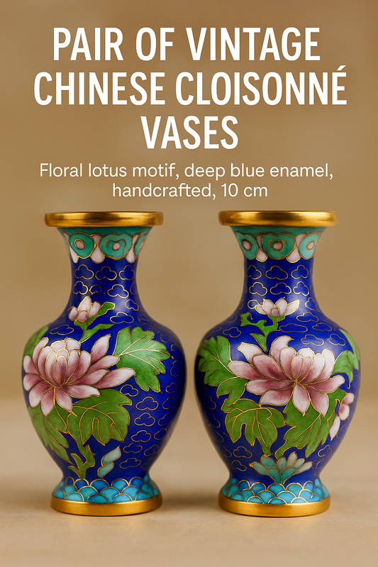 Pair of Vintage Chinese Cloisonné Vases – Floral Lotus Motif, Deep Blue Enamel, Handcrafted, 10 cm