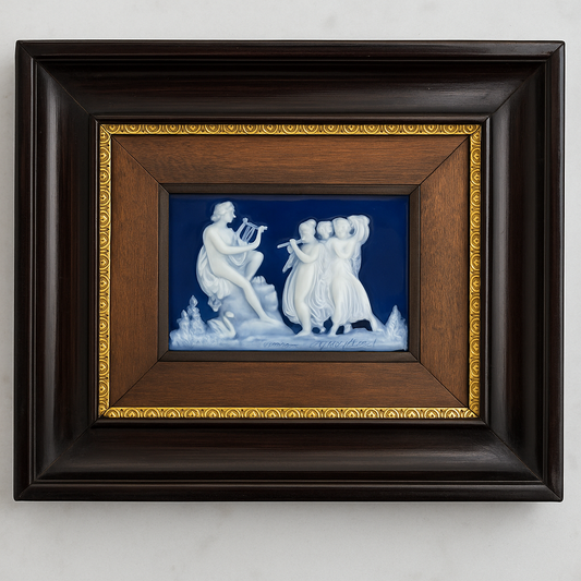 Vintage Limoges Porcelain Plaque Signed J. Chaufriasse – Framed Classical Relief with Musicians – Deep Cobalt Blue – Porcelaines d’Art Limoges France