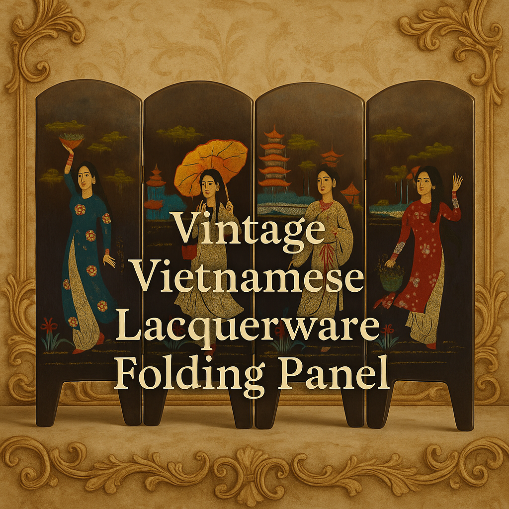 Vintage Vietnamese Lacquerware Folding Panel – Hand-Painted Double-Sided Screen