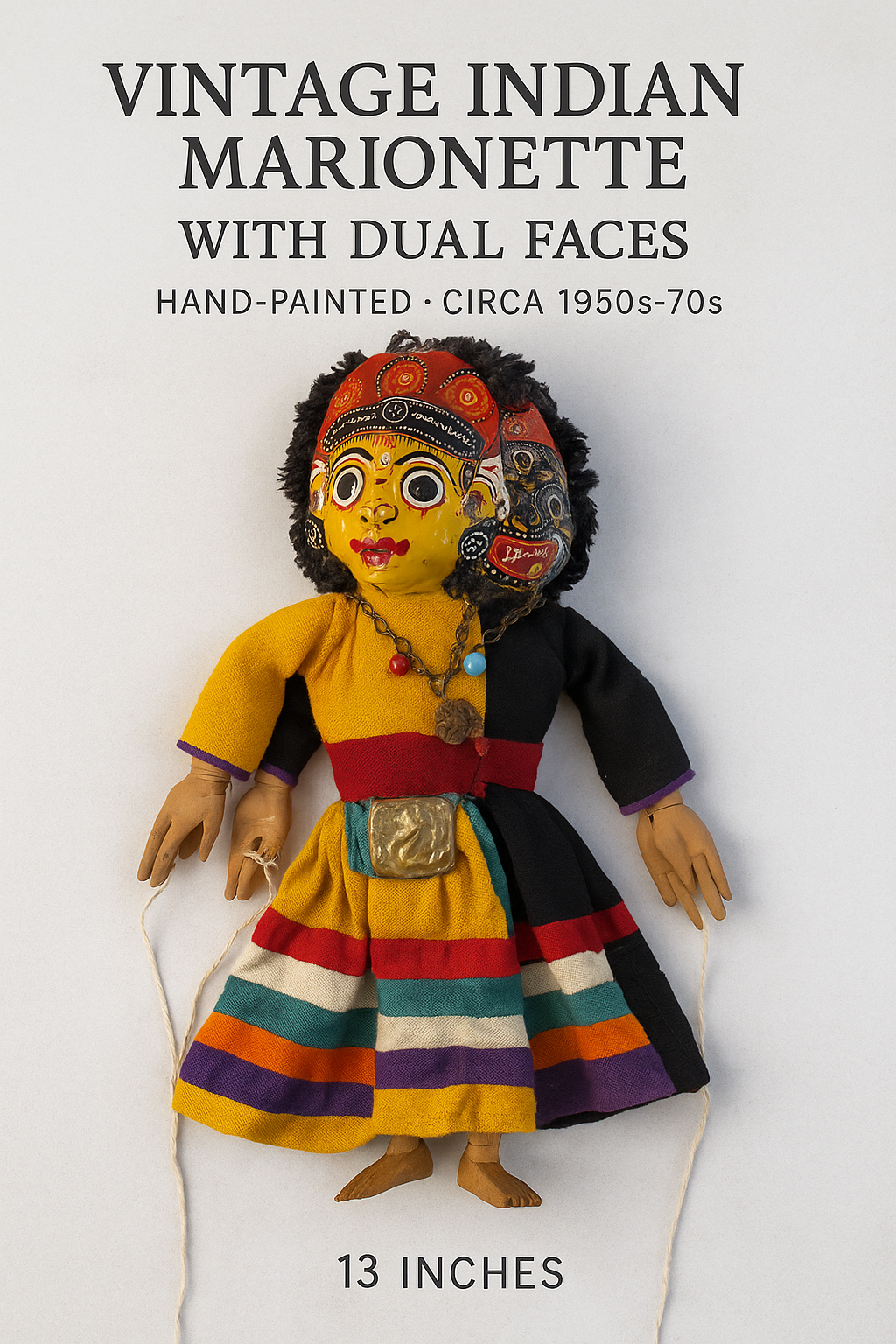 Vintage Indian Marionette Puppet with Dual Faces – Hand-Painted Folk Art Doll – Circa 1950s–70s