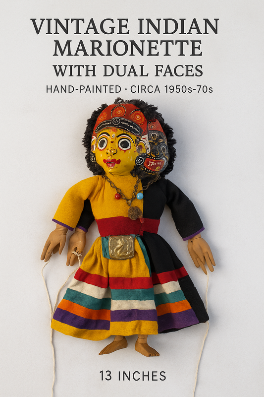 Vintage Indian Marionette Puppet with Dual Faces – Hand-Painted Folk Art Doll – Circa 1950s–70s