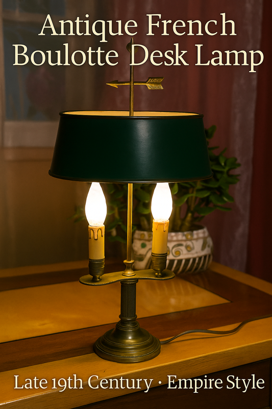 Antique French Boulotte Desk Lamp – Late 19th Century Empire Style – Green Tole Shade & Brass