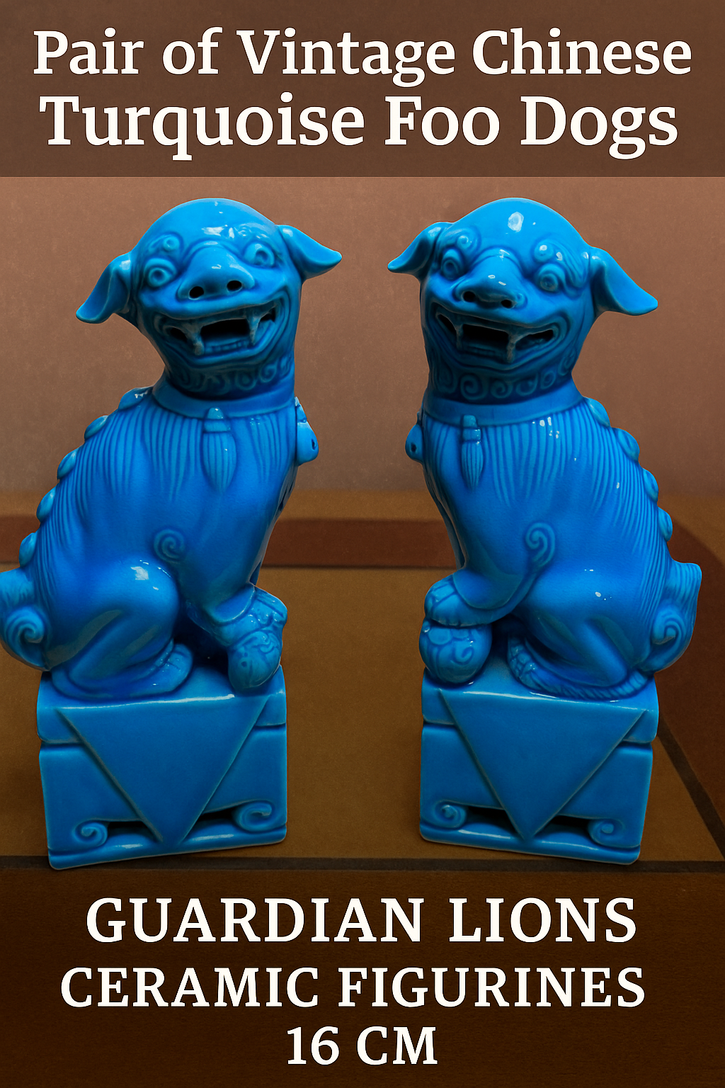 Pair of Vintage Chinese Foo Dogs – Turquoise Ceramic – 16 cm