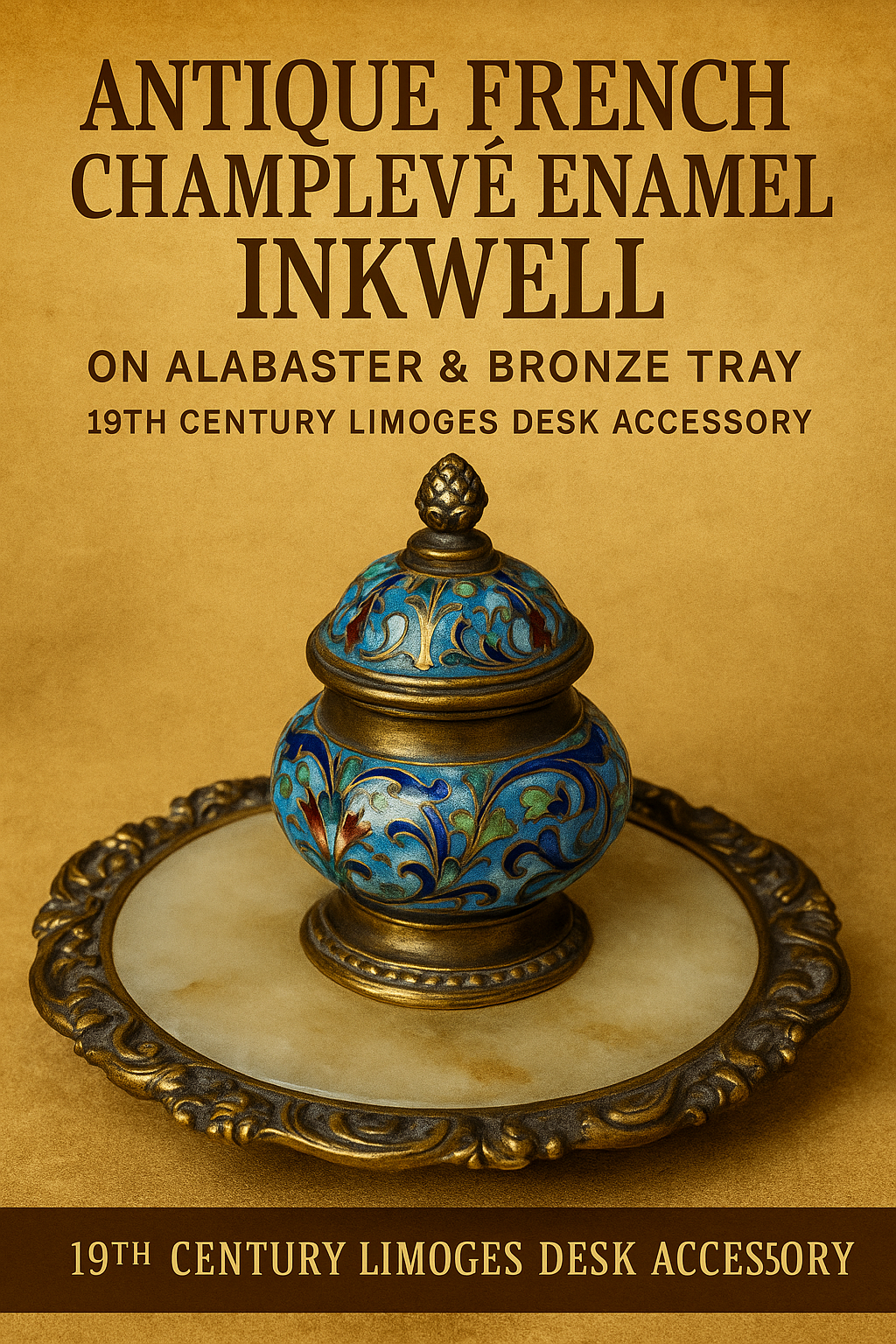 Antique Limoges Enamel Inkwell on Alabaster and Bronze Base – 19th Century