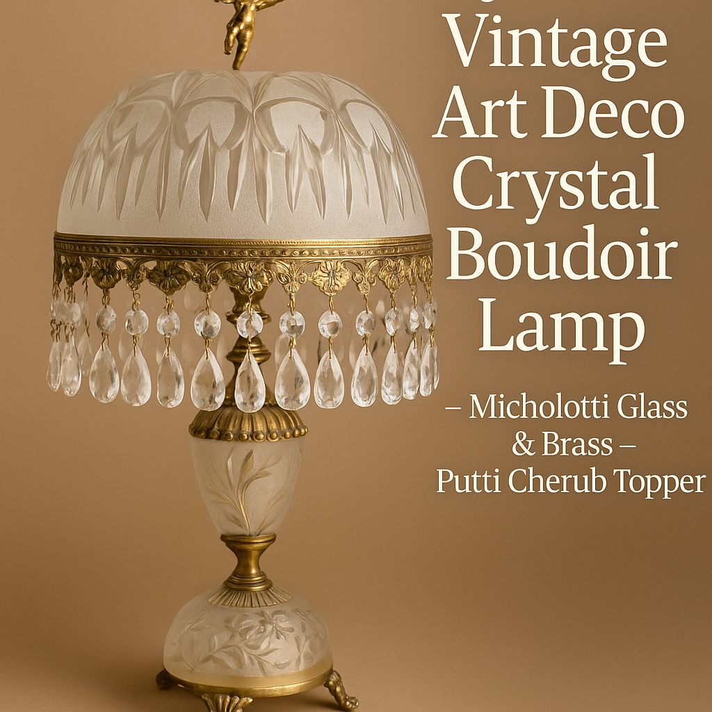 Luxury Vintage Art Deco Crystal Boudoir Lamp – Michelotti Glass & Brass – Putti Cherub Topper