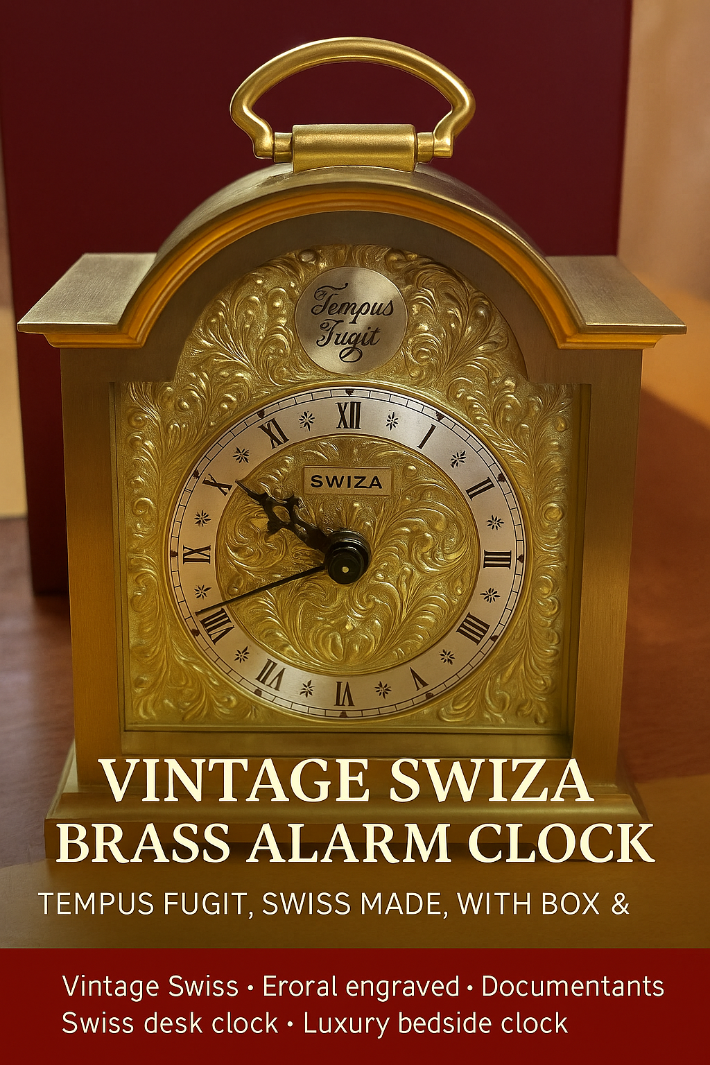 Vintage SWIZA Brass Alarm Clock – Tempus Fugit, Swiss Made, with Box & Papers