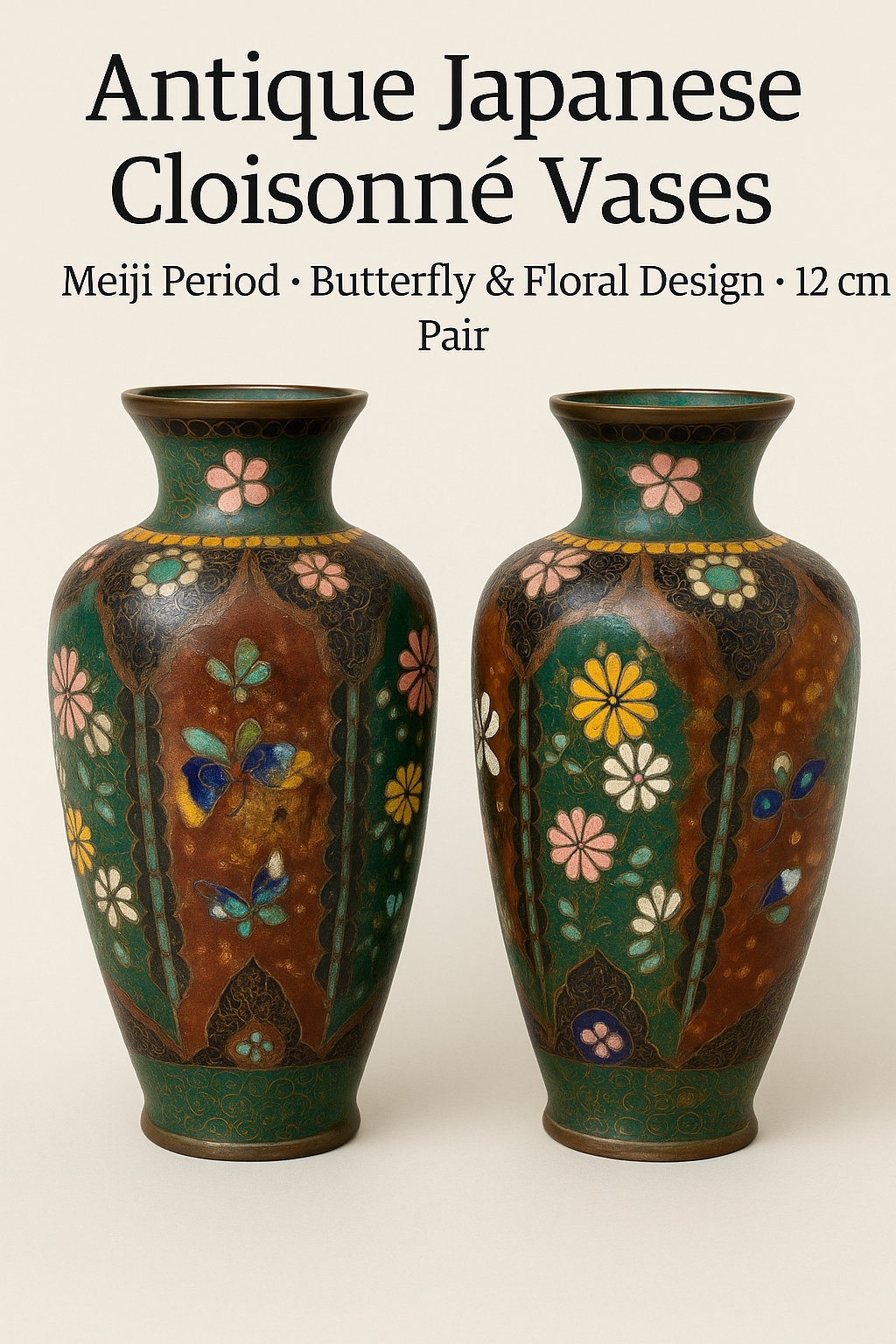Antique Japanese Cloisonné Vases – Meiji Period – Butterfly & Floral Design – 12 cm – Pair