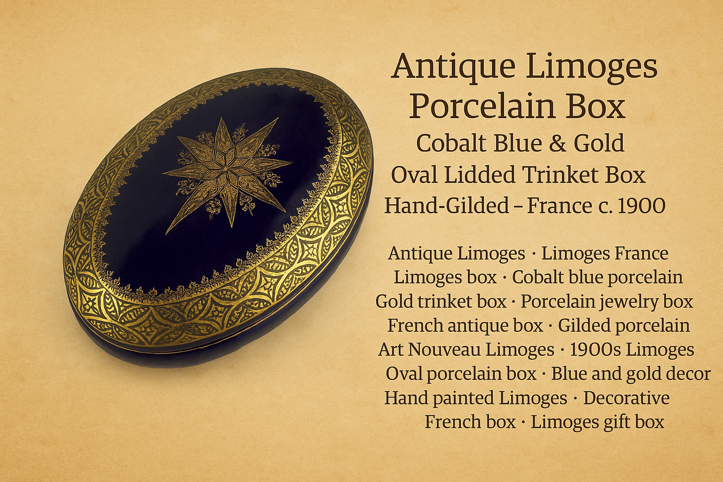 Antique Limoges Porcelain Box – Cobalt Blue & Gold – Oval Lidded Trinket Box – Hand-Gilded – France c. 1900