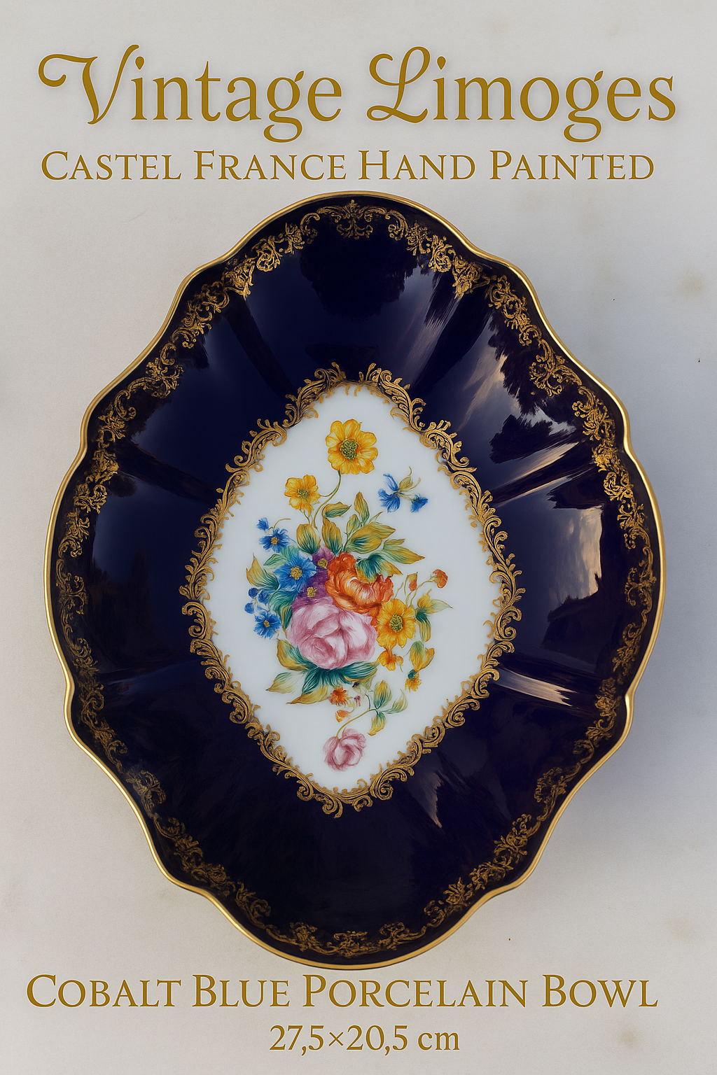 Vintage Rococo Style Cobalt Blue Porcelain Bowl – Hand Painted Floral – Gold Gilded – Limoges Style