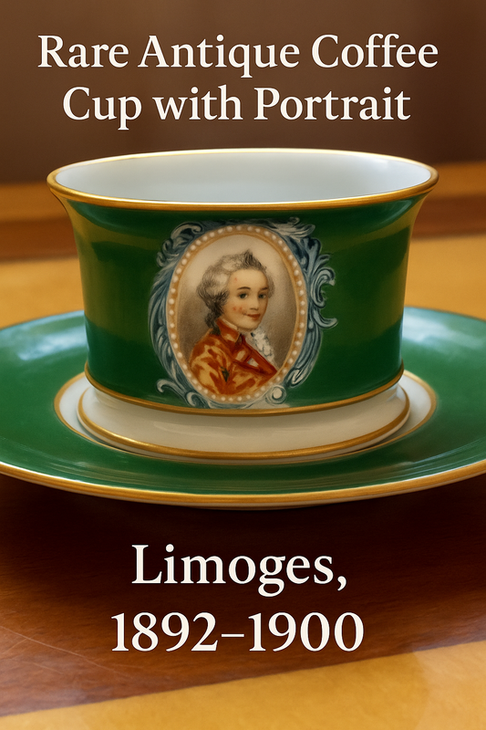 Antique Limoges Porcelain Cup & Saucer – Green Glaze with Portrait – ca. 20th century