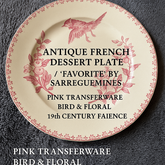 Antique French Dessert Plate with Bird & Floral Design - Sarreguemines Favorite - Pink Transferware