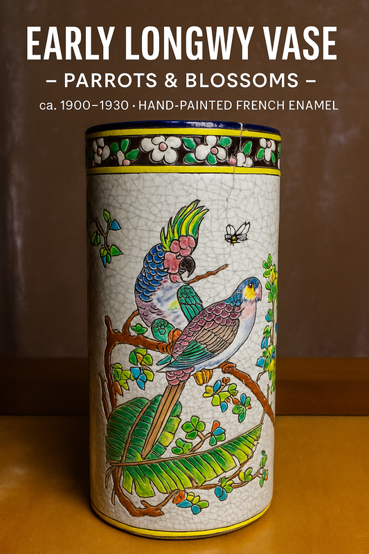 Early Longwy Vase – Parrots & Blossoms – ca. 1900–1930 – Hand-Painted French Enamel