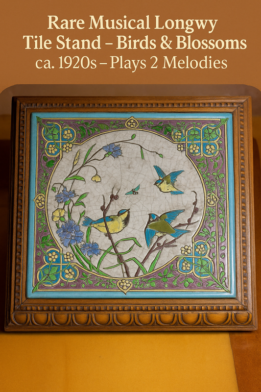 Rare Musical Longwy Ceramic Tile – Birds & Blossoms – Hand-Painted Faience – ca. 1900 – With Frame