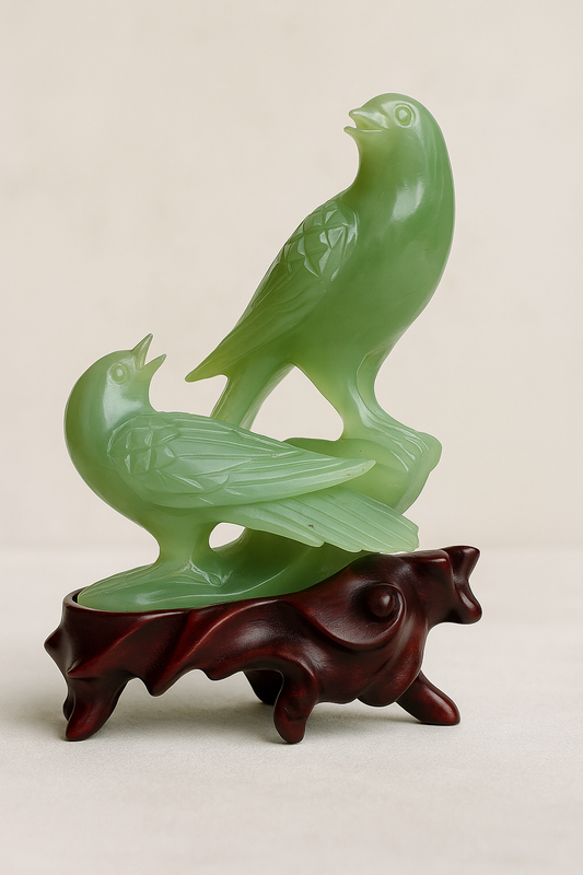 Vintage Hand-Carved Green Jade Birds Sculpture on Wooden Stand – Chinese Mid-20th Century