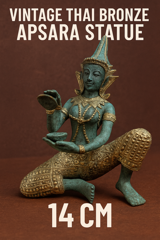 Vintage Thai Bronze Goddess Statue – Gilded Apsara Dancer – 14 cm – Patinated Sculpture