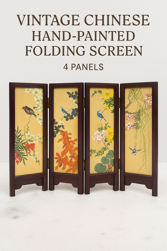 Vintage Chinese Miniature Folding Screen, Hand-Painted Birds & Flowers, Wooden Frame, 4 Panels