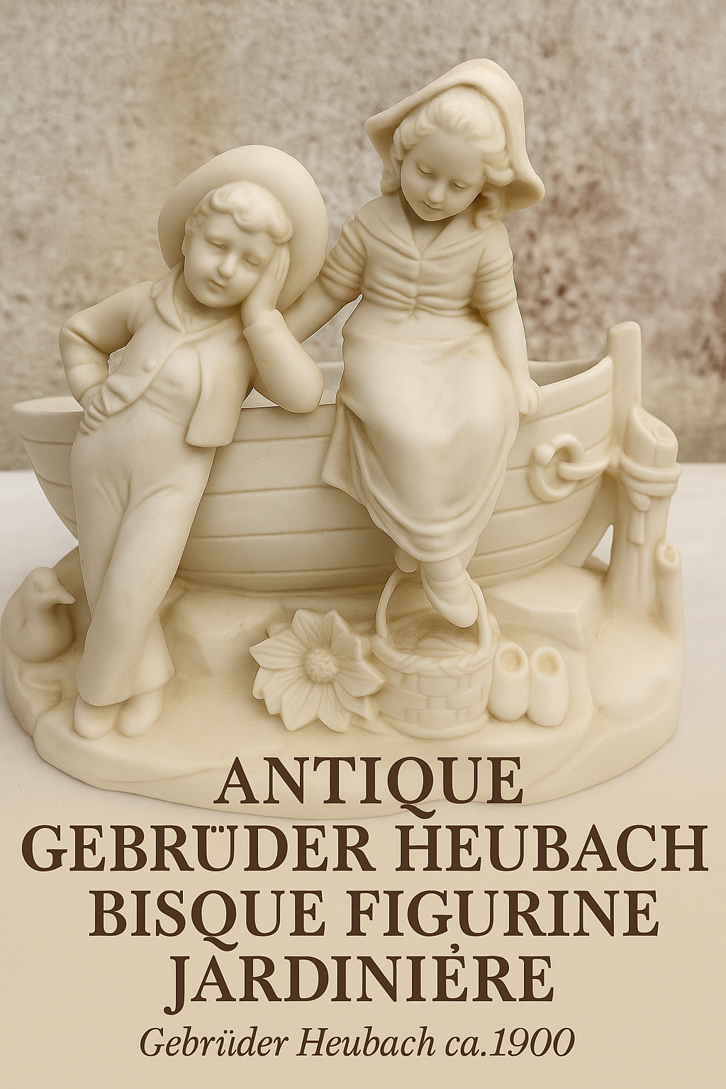 Antique Gebrüder Heubach Bisque Figurine Jardinière, Children with Boat, German Bisque Porcelain ca.1900