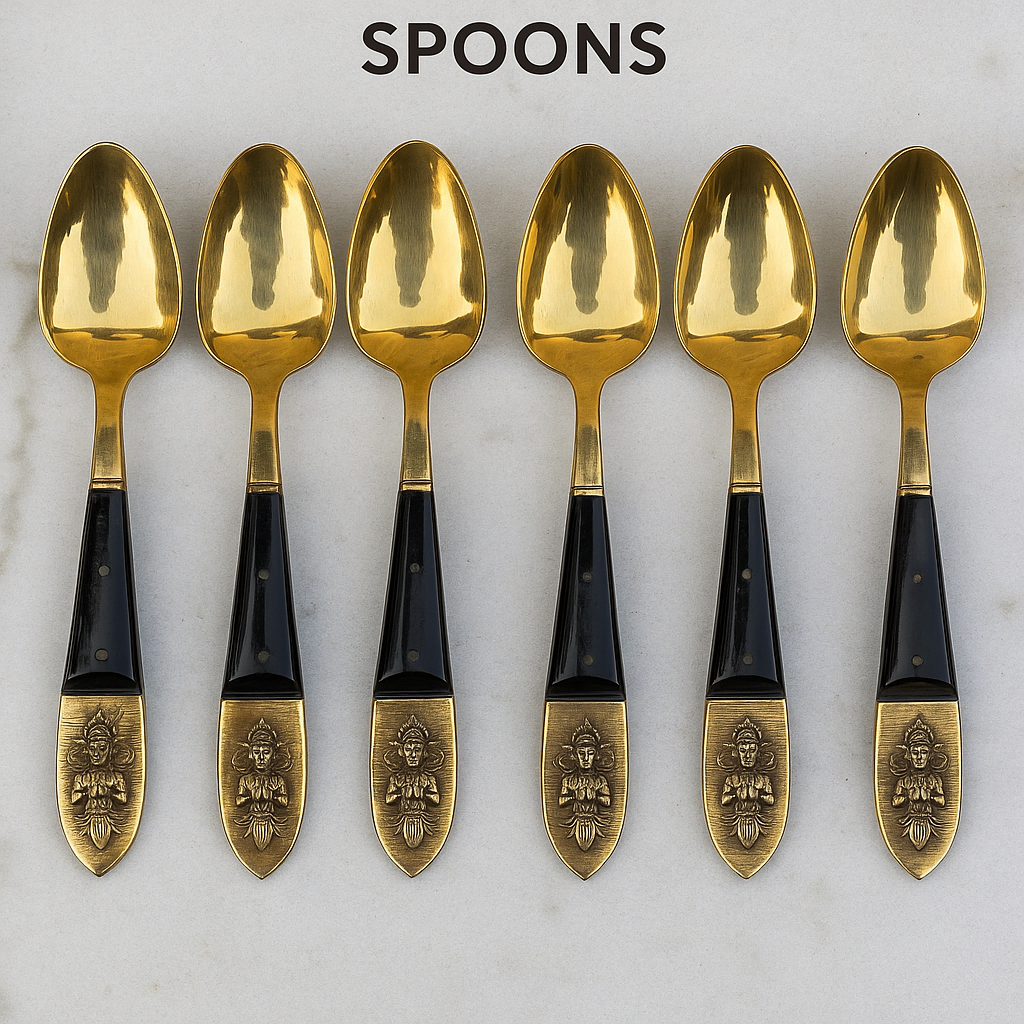 Vintage Set of 6 Siam Spoons – Brass & Black Resin – Handcrafted Thailand 1950s