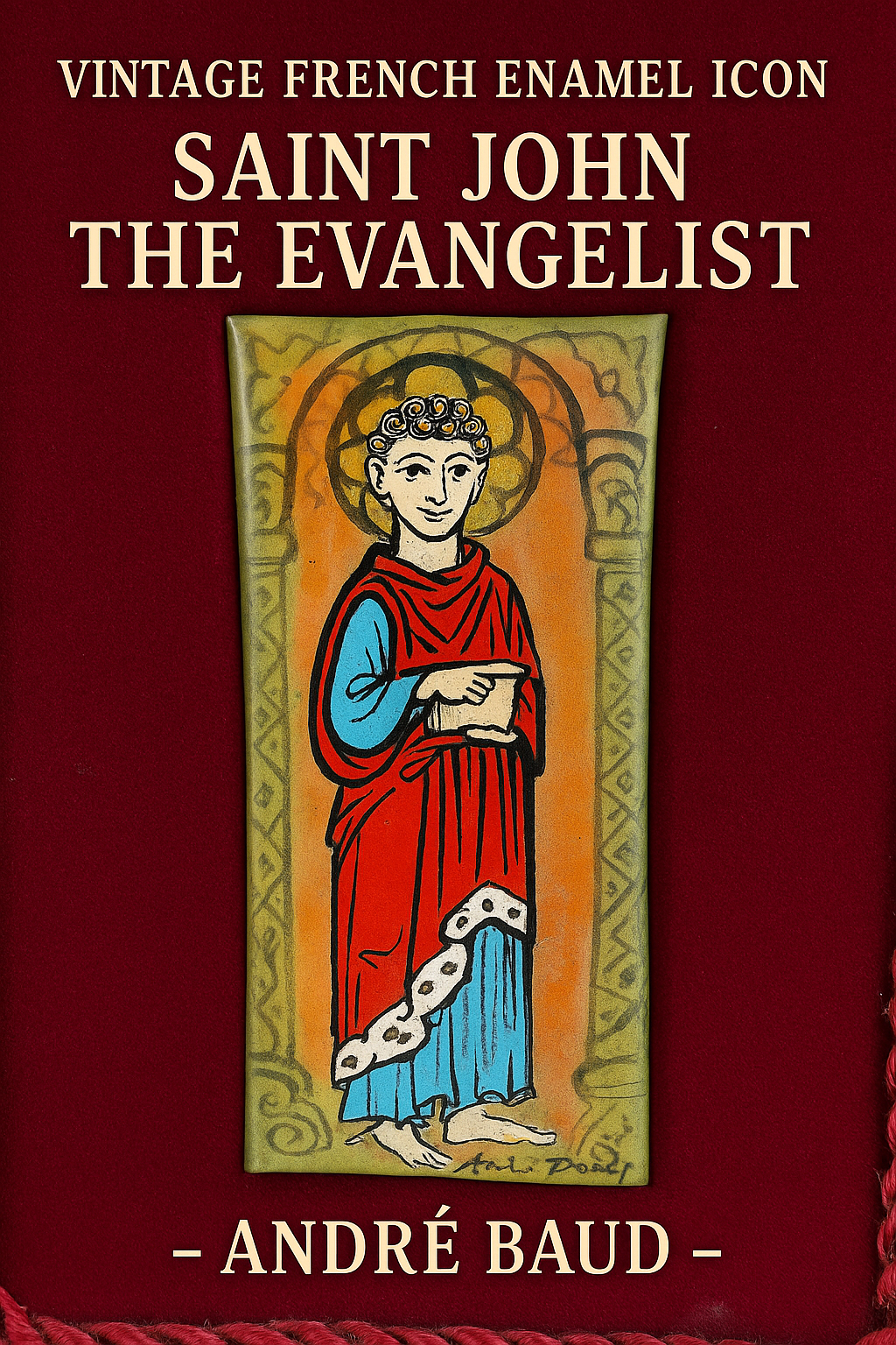 Vintage French Enamel Icon – Saint John the Evangelist – André Baud – 18×12 cm