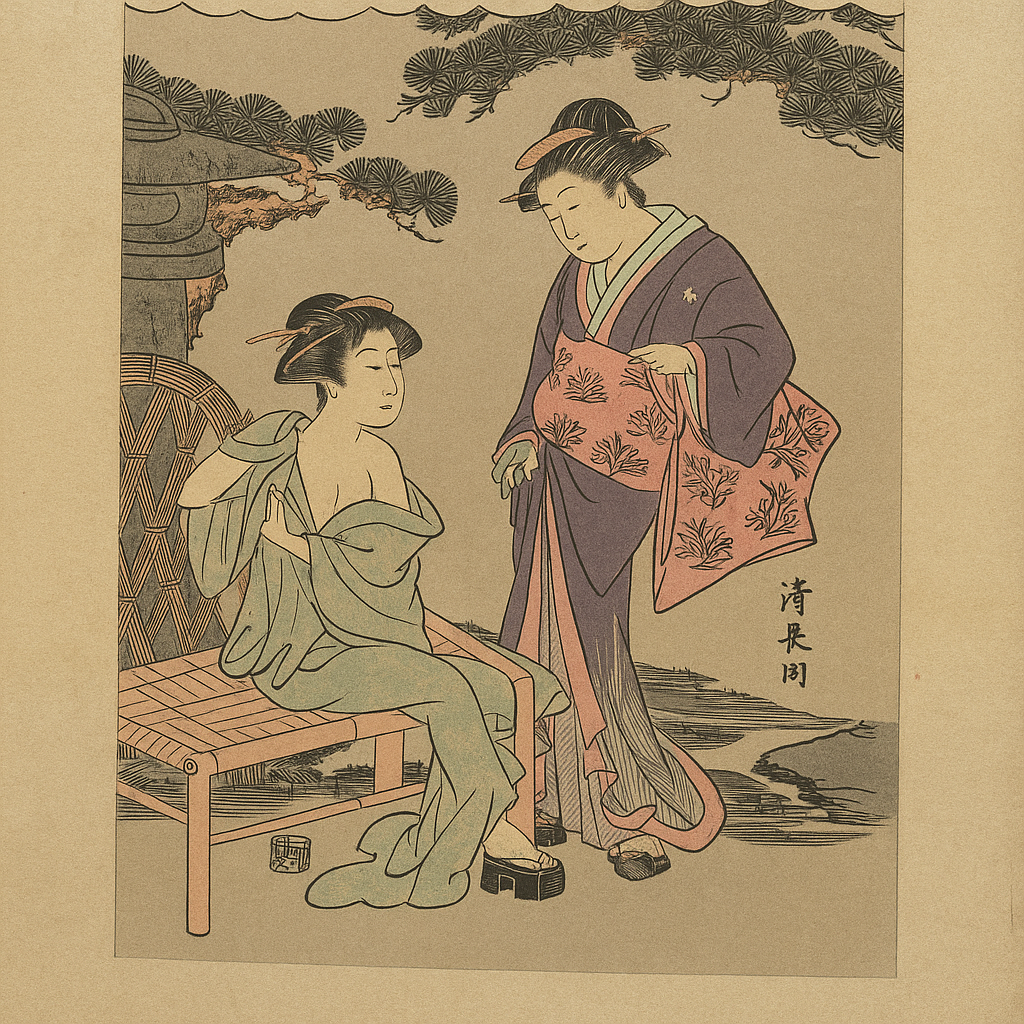 Japanese Woodblock Print – Kitagawa Utamaro Style – Antique Ukiyo-e of Courtesans