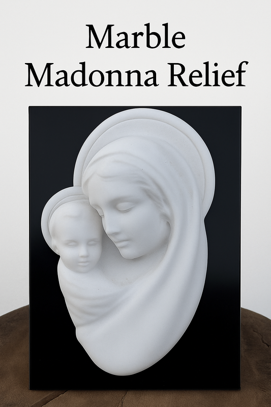White Marble Relief of Madonna and Child on Black Slab