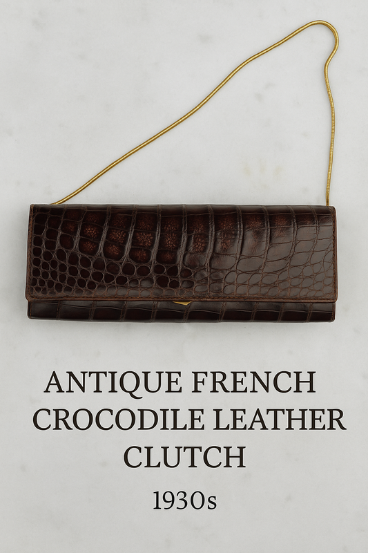 Antique French Crocodile Leather Clutch – 1930s Art Deco – Mahogany Finish