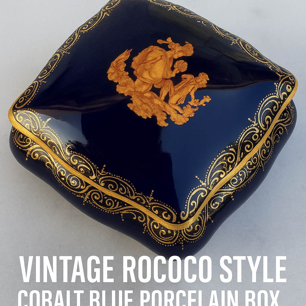 Limoges France Cobalt Blue Trinket Box – FM Label de Qualité – Rococo Gold – 10×10 cm