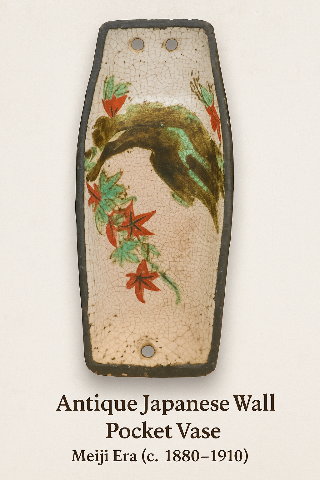 Antique Japanese Wall Pocket Vase – Meiji Era with Bird & Floral Design