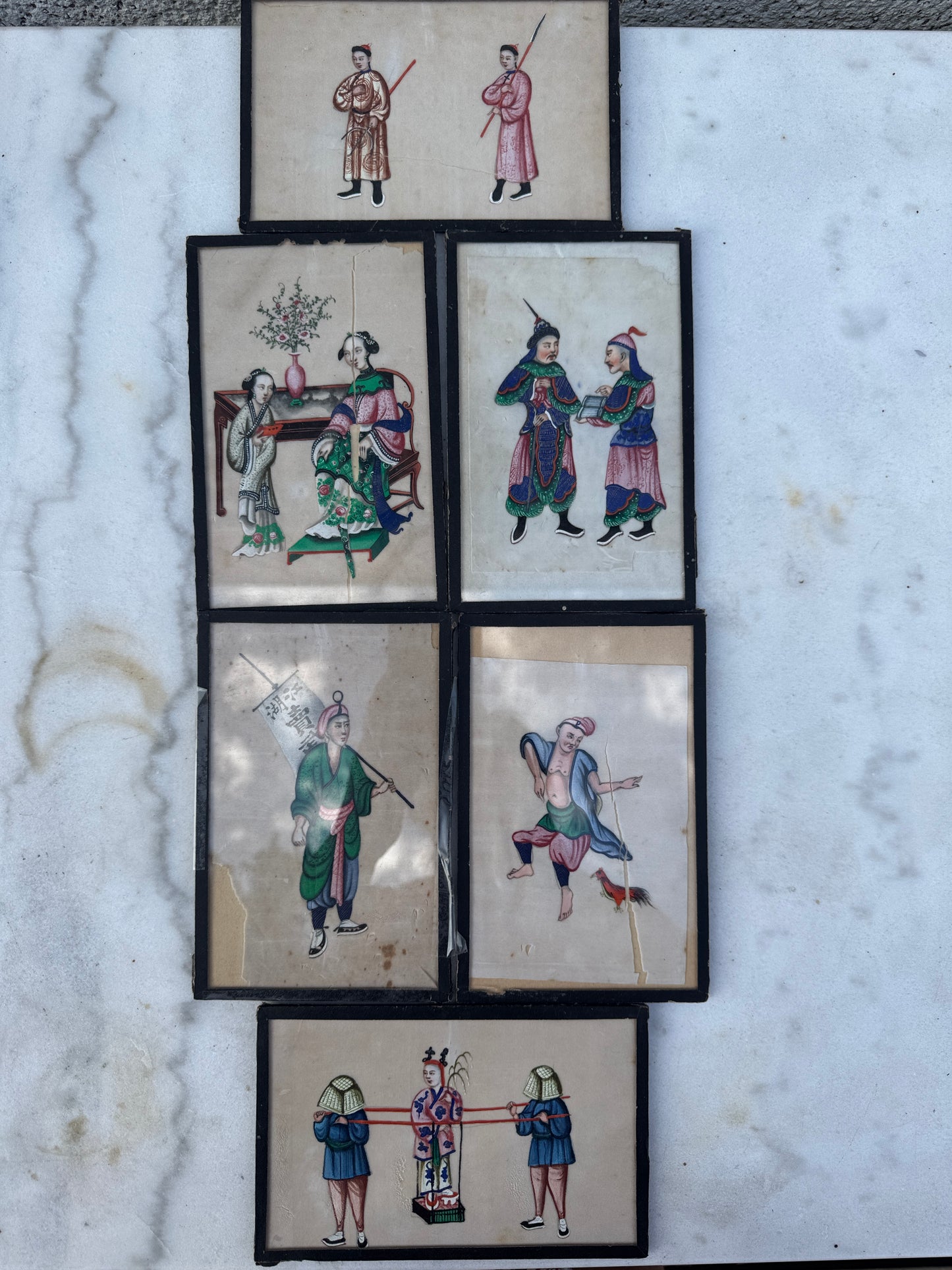 Antique Chinese Pith Paper Paintings - Set of 6 - 19th Century Canton School - Hand Painted Export Art