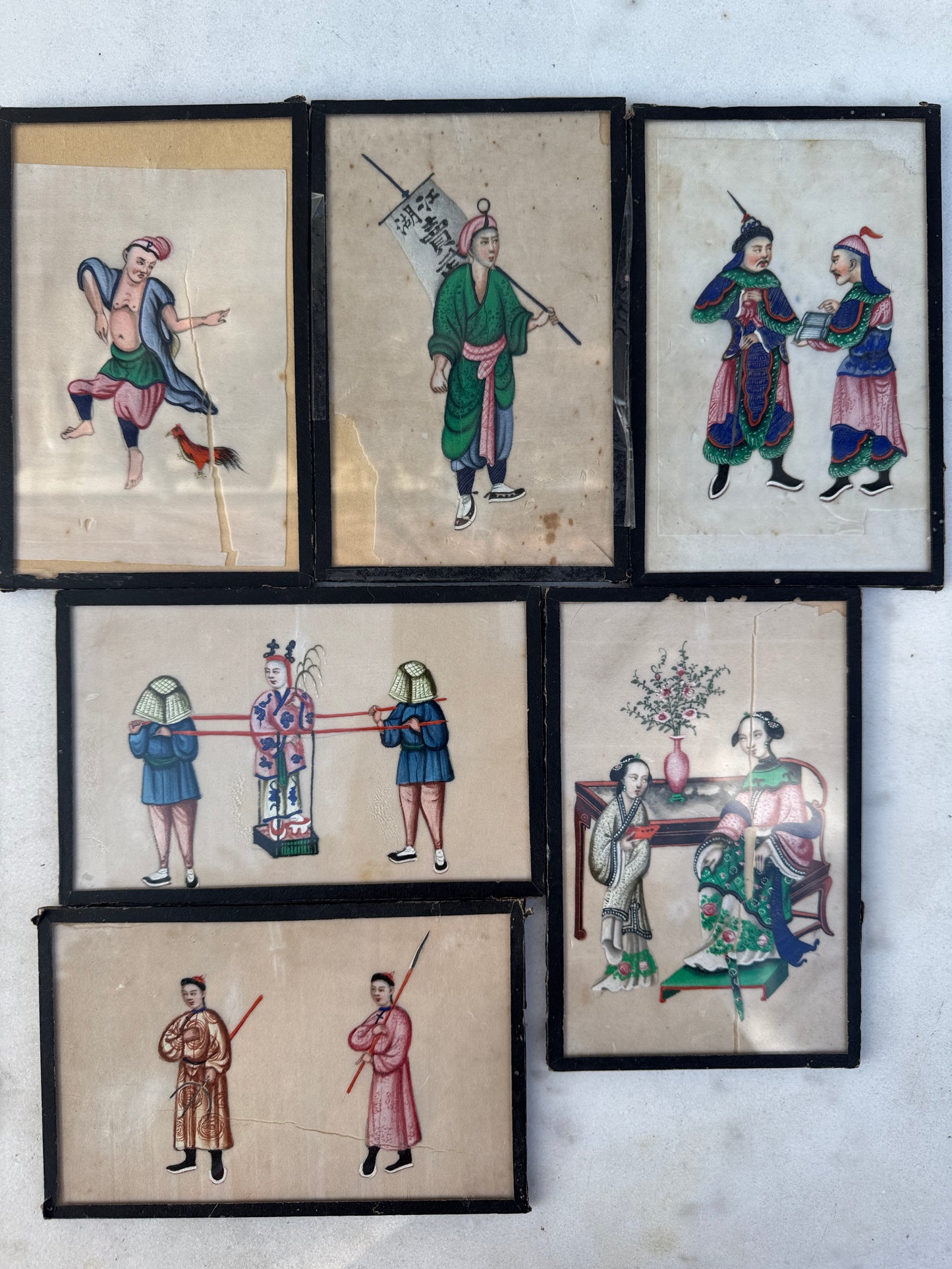 Antique Chinese Pith Paper Paintings - Set of 6 - 19th Century Canton School - Hand Painted Export Art