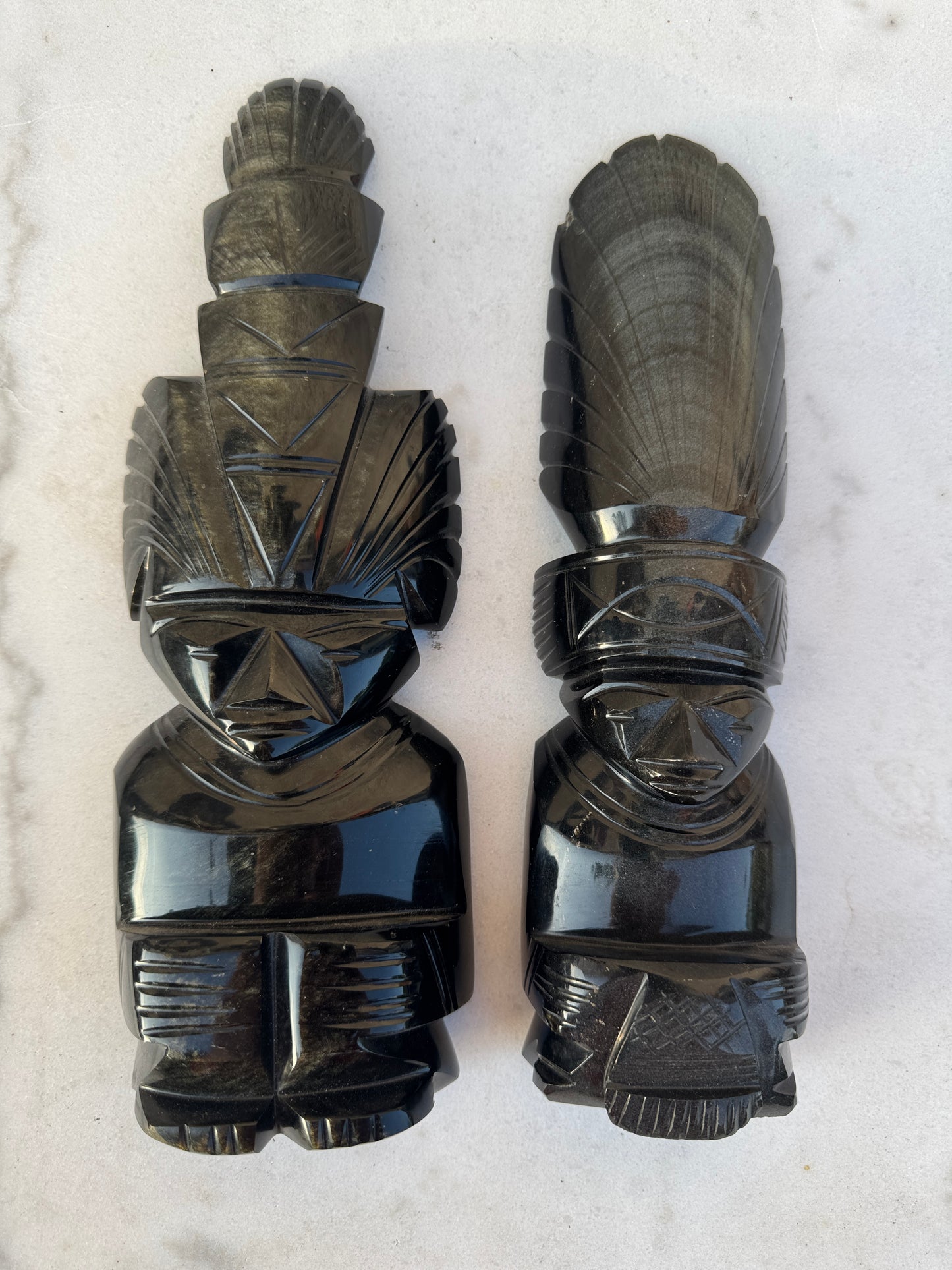 Golden Obsidian Tribal Sculptures - Set of 2 - Hand-Carved Mexican Obsidian Art - 29 cm Tall