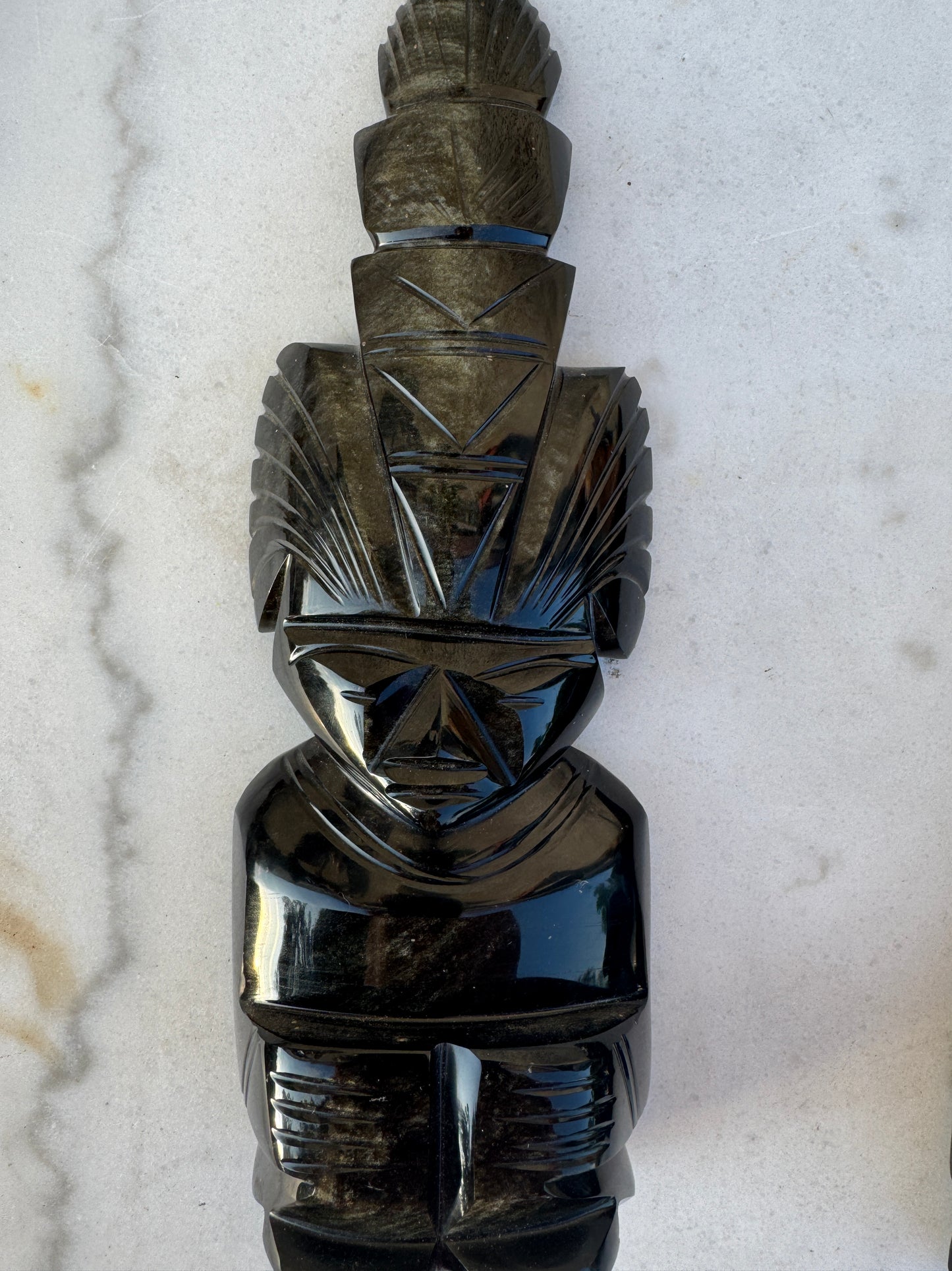 Golden Obsidian Tribal Sculptures - Set of 2 - Hand-Carved Mexican Obsidian Art - 29 cm Tall