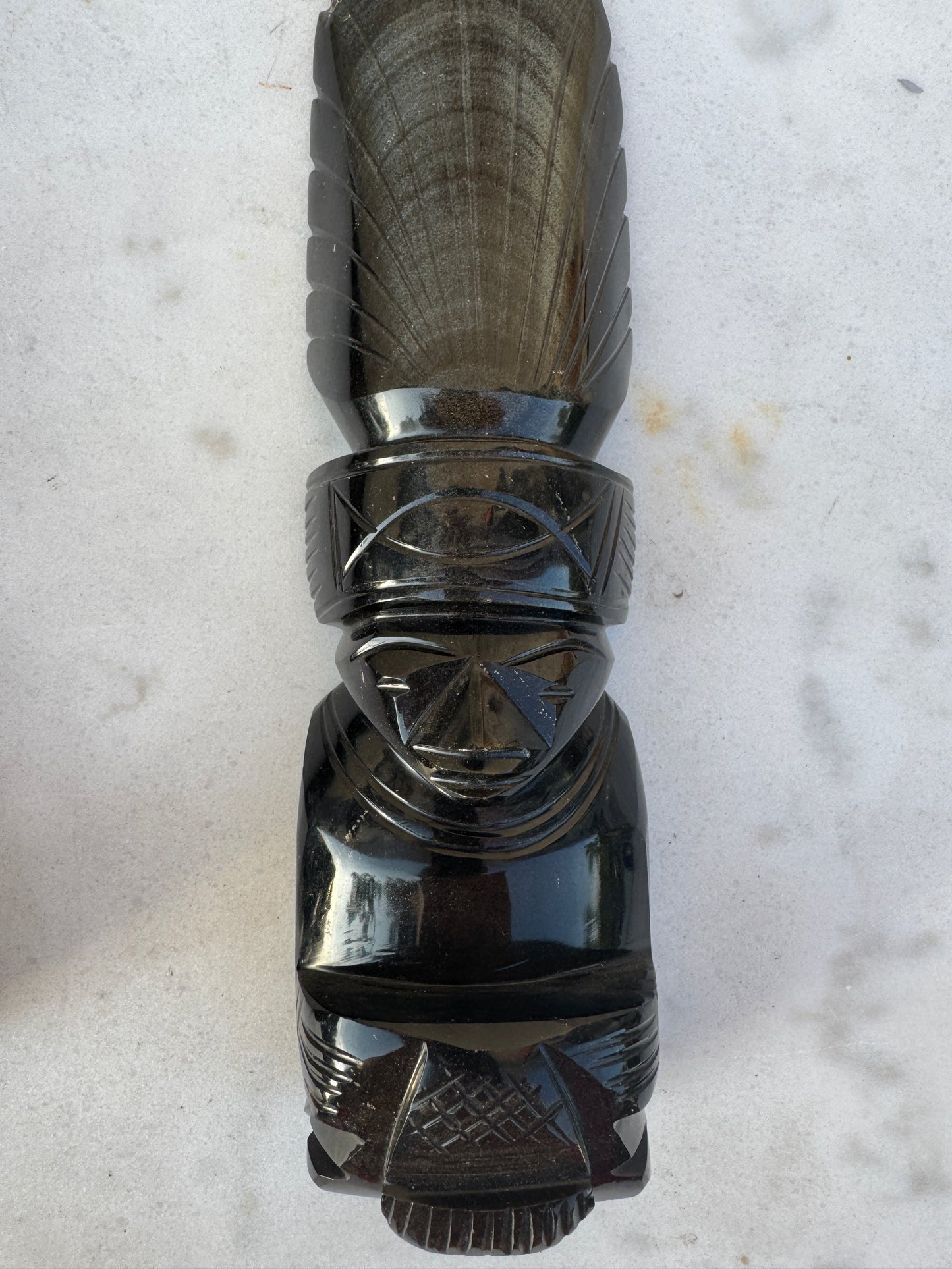 Golden Obsidian Tribal Sculptures - Set of 2 - Hand-Carved Mexican Obsidian Art - 29 cm Tall