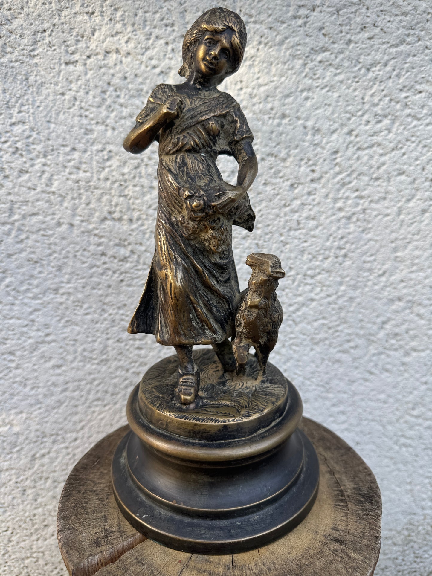Antique Bronze Sculpture Girl with Lamb Signed - 28 cm Tall