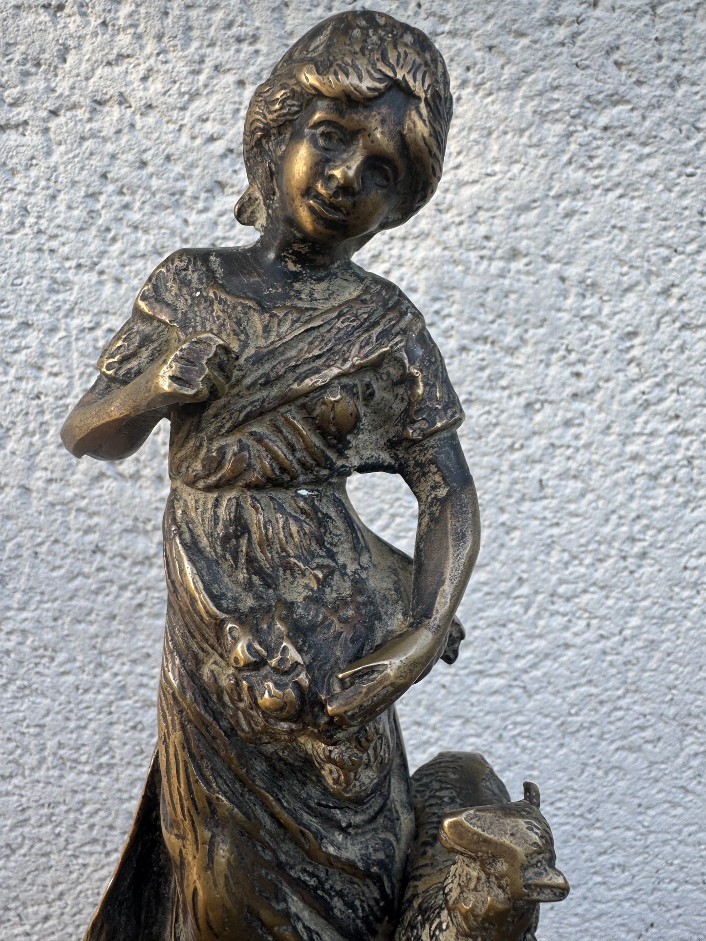 Antique Bronze Sculpture Girl with Lamb Signed - 28 cm Tall