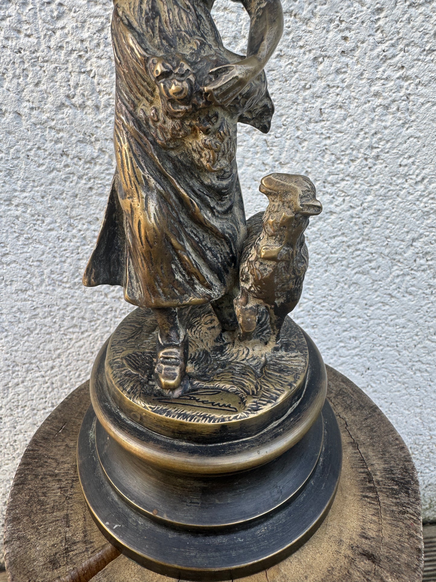 Antique Bronze Sculpture Girl with Lamb Signed - 28 cm Tall