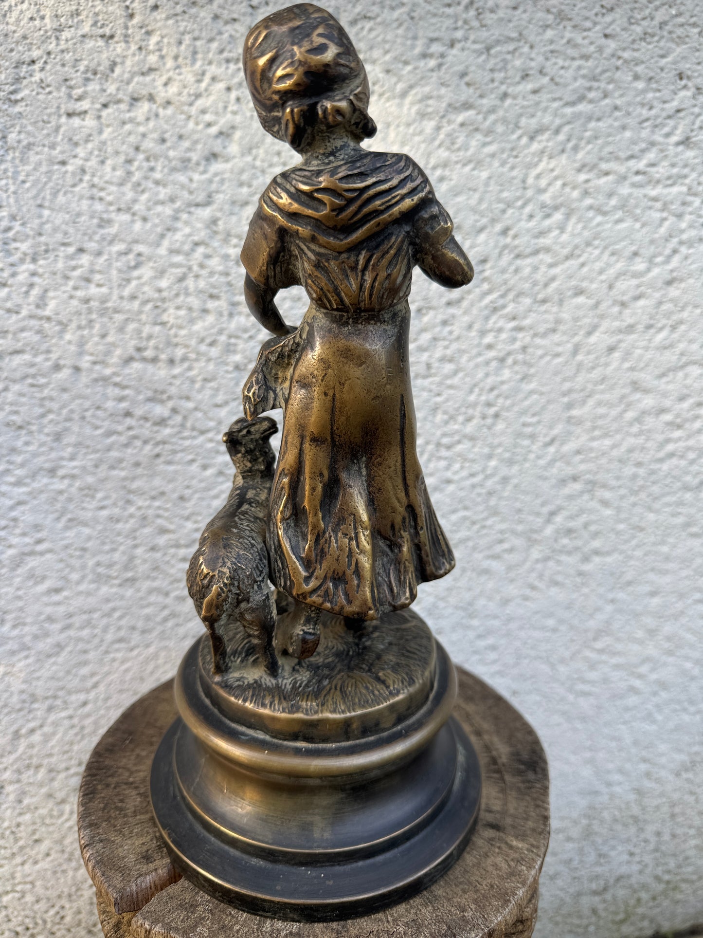 Antique Bronze Sculpture Girl with Lamb Signed - 28 cm Tall