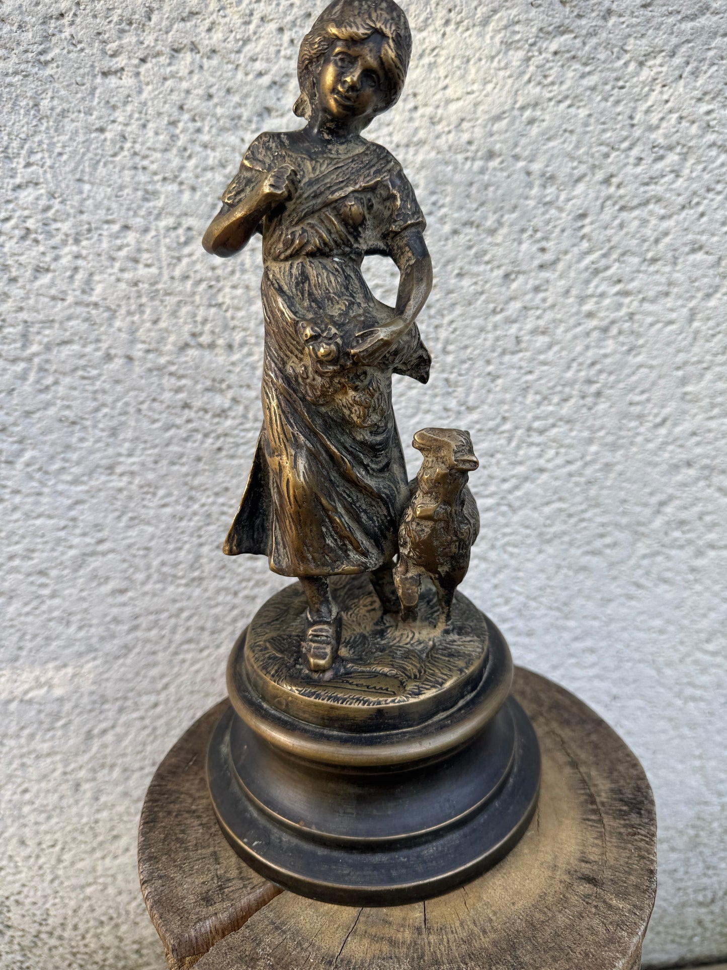 Antique Bronze Sculpture Girl with Lamb Signed - 28 cm Tall