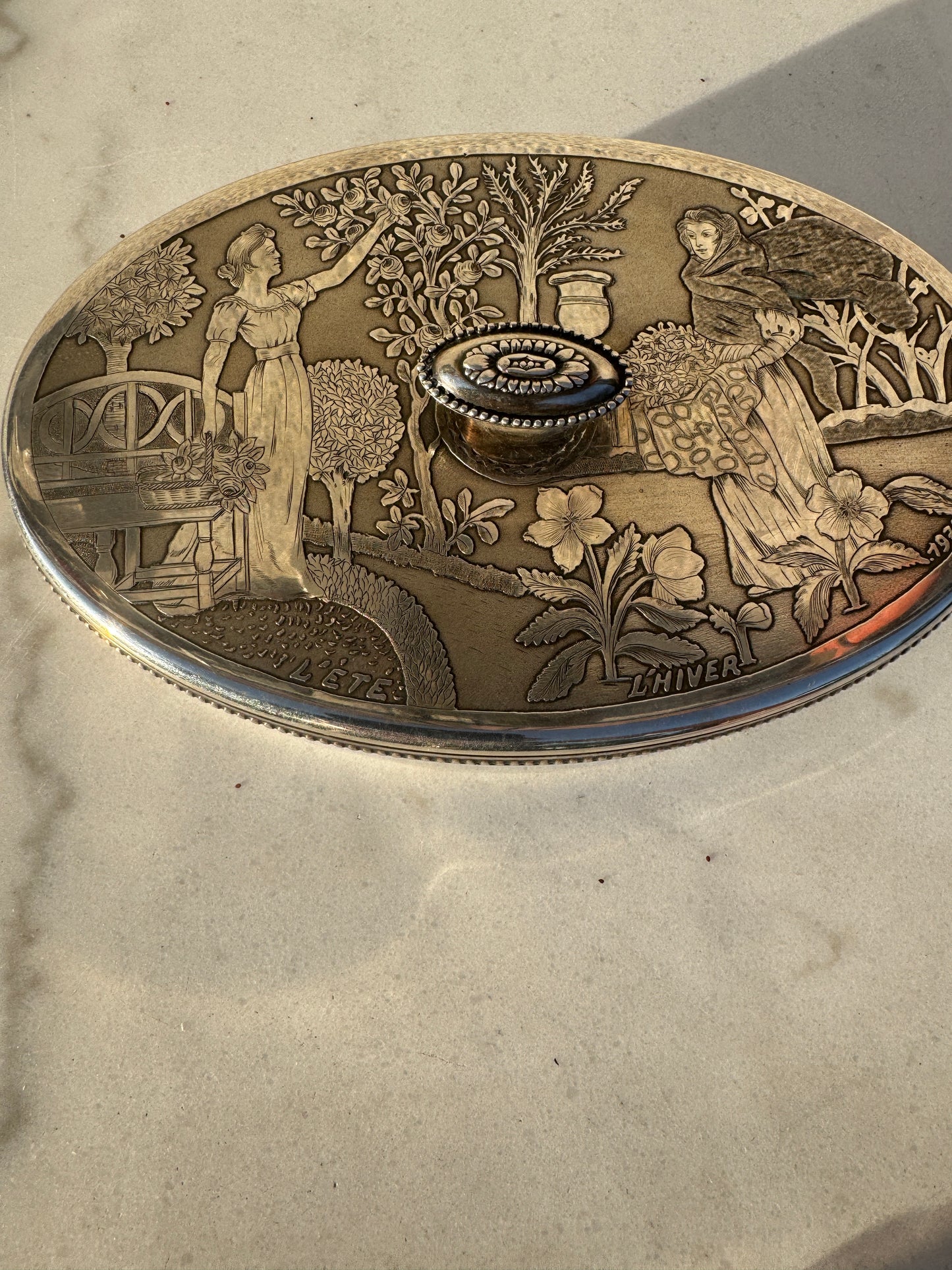 Antique French Silvered Metal Box by L. Genin 1977 - Summer & Winter Engraving - 20x13 cm