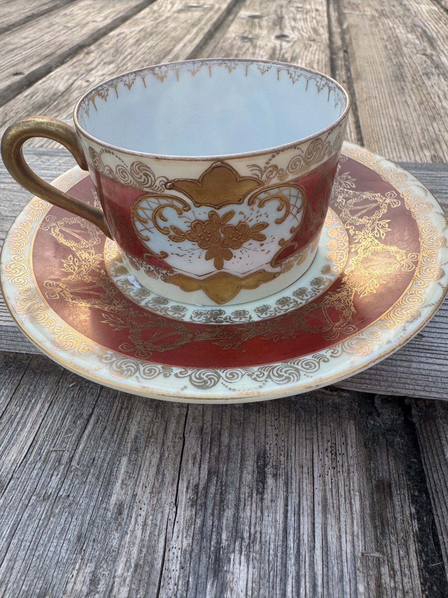 Antique French Porcelain Tea Cup and Saucer - Hand Painted Romantic Scene - Prov. Saxe E.S. - Gilded Victorian Style