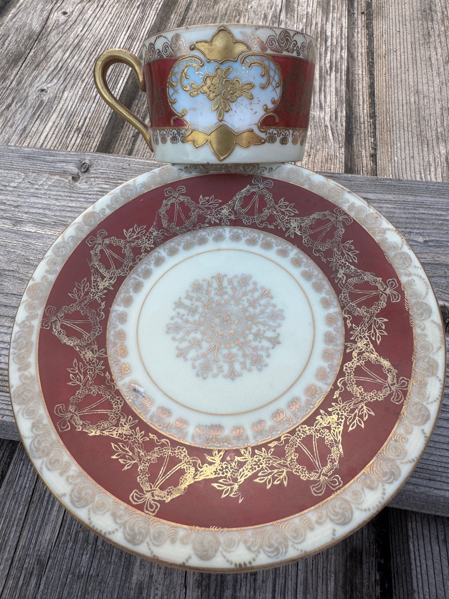 Antique French Porcelain Tea Cup and Saucer - Hand Painted Romantic Scene - Prov. Saxe E.S. - Gilded Victorian Style