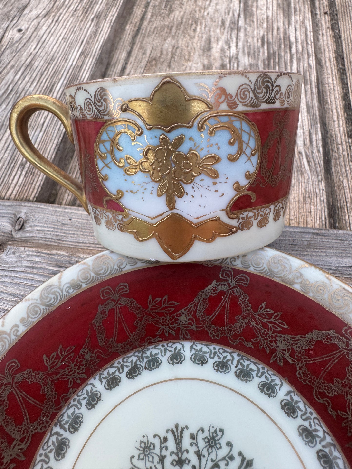 Antique French Porcelain Tea Cup and Saucer - Hand Painted Romantic Scene - Prov. Saxe E.S. - Gilded Victorian Style