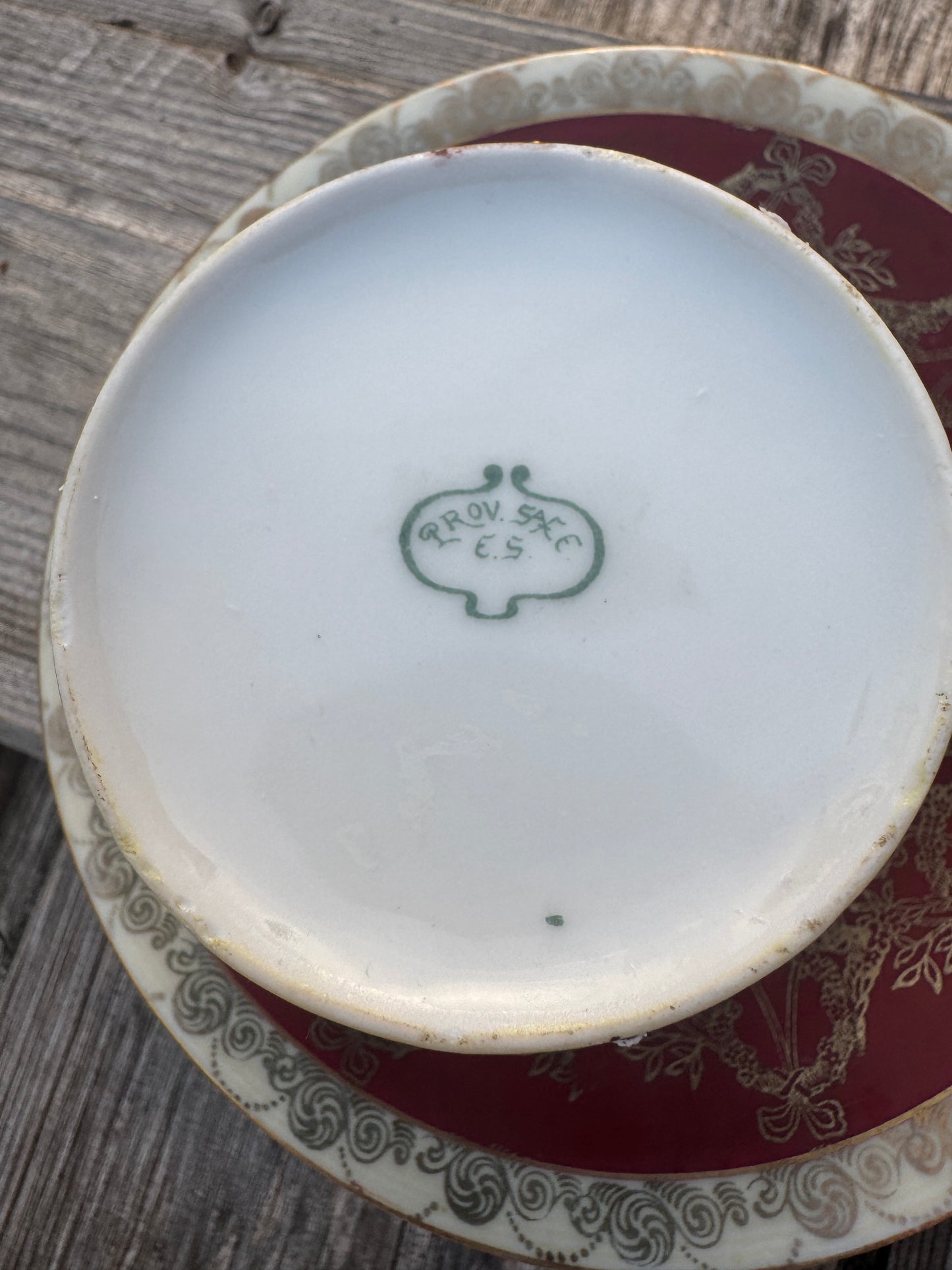 Antique French Porcelain Tea Cup and Saucer - Hand Painted Romantic Scene - Prov. Saxe E.S. - Gilded Victorian Style