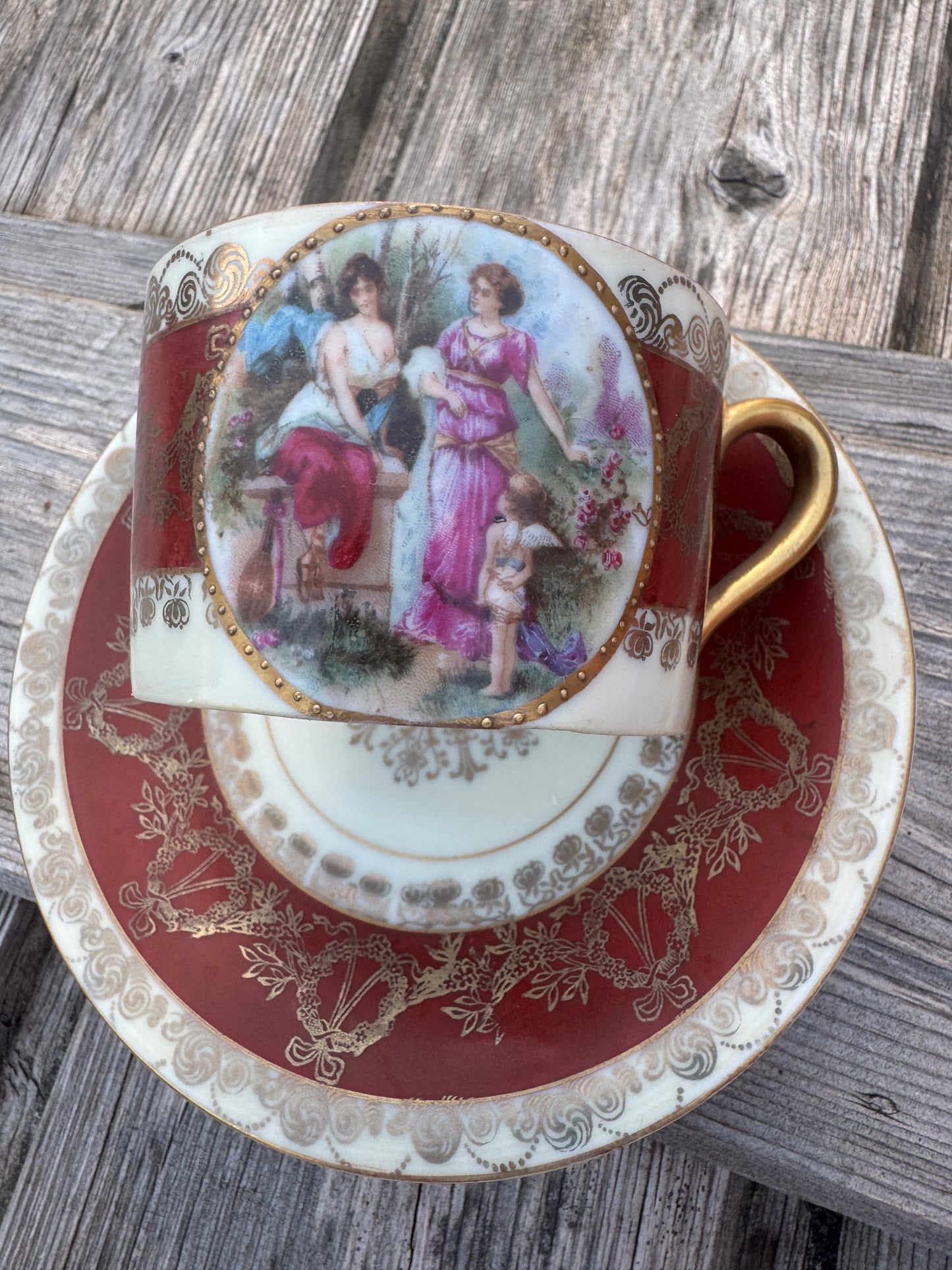 Antique French Porcelain Tea Cup and Saucer - Hand Painted Romantic Scene - Prov. Saxe E.S. - Gilded Victorian Style