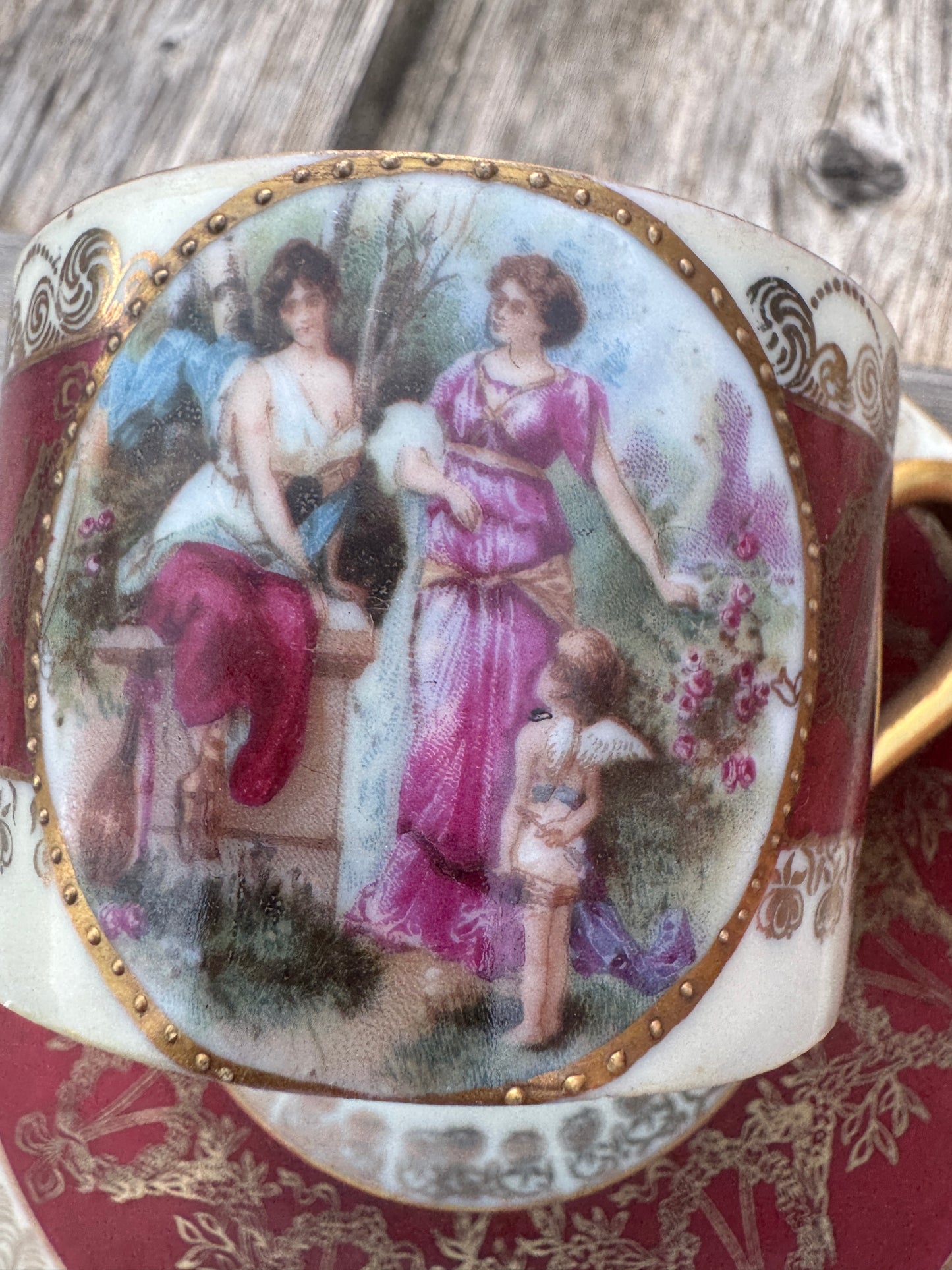 Antique French Porcelain Tea Cup and Saucer - Hand Painted Romantic Scene - Prov. Saxe E.S. - Gilded Victorian Style