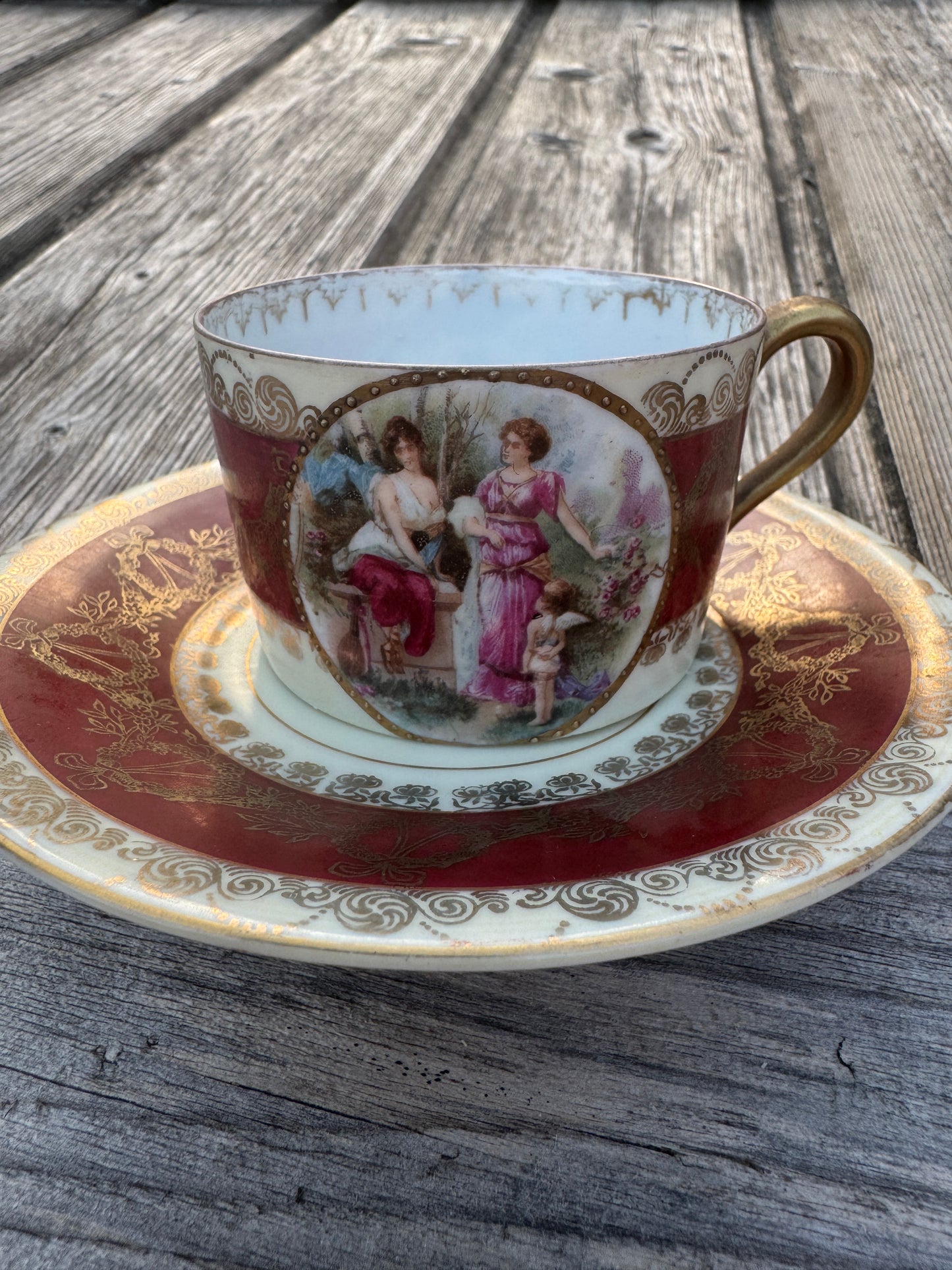 Antique French Porcelain Tea Cup and Saucer - Hand Painted Romantic Scene - Prov. Saxe E.S. - Gilded Victorian Style